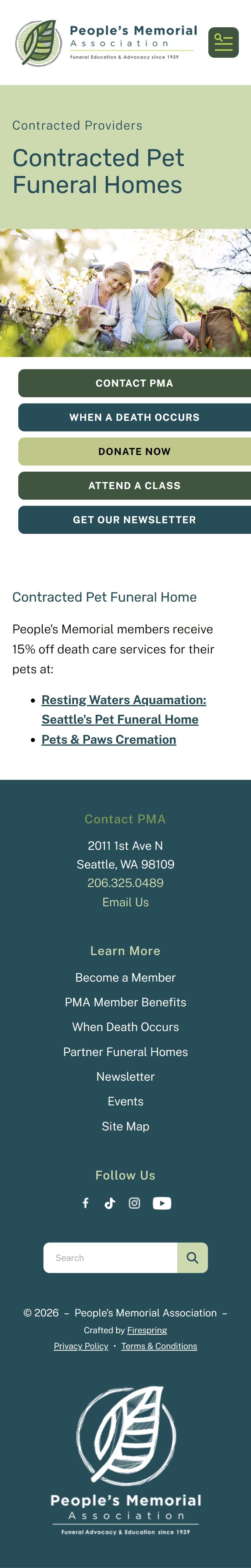 The Contracted Pet Funeral Homes page captured from top to bottom on a phone, showing a logo bar, a large green title band, a stock photograph, five buttons, a short paragraph, and a footer filling the bottom half