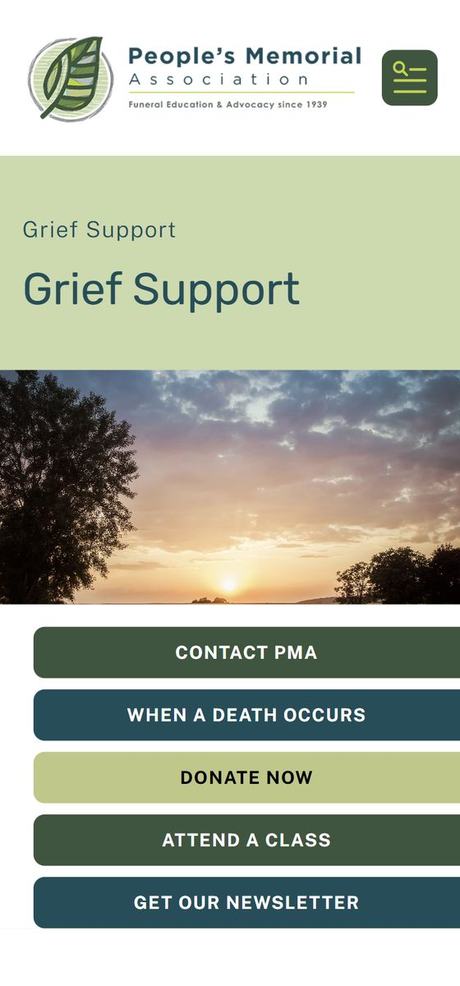 The Grief Support page as it appears on the first phone screen